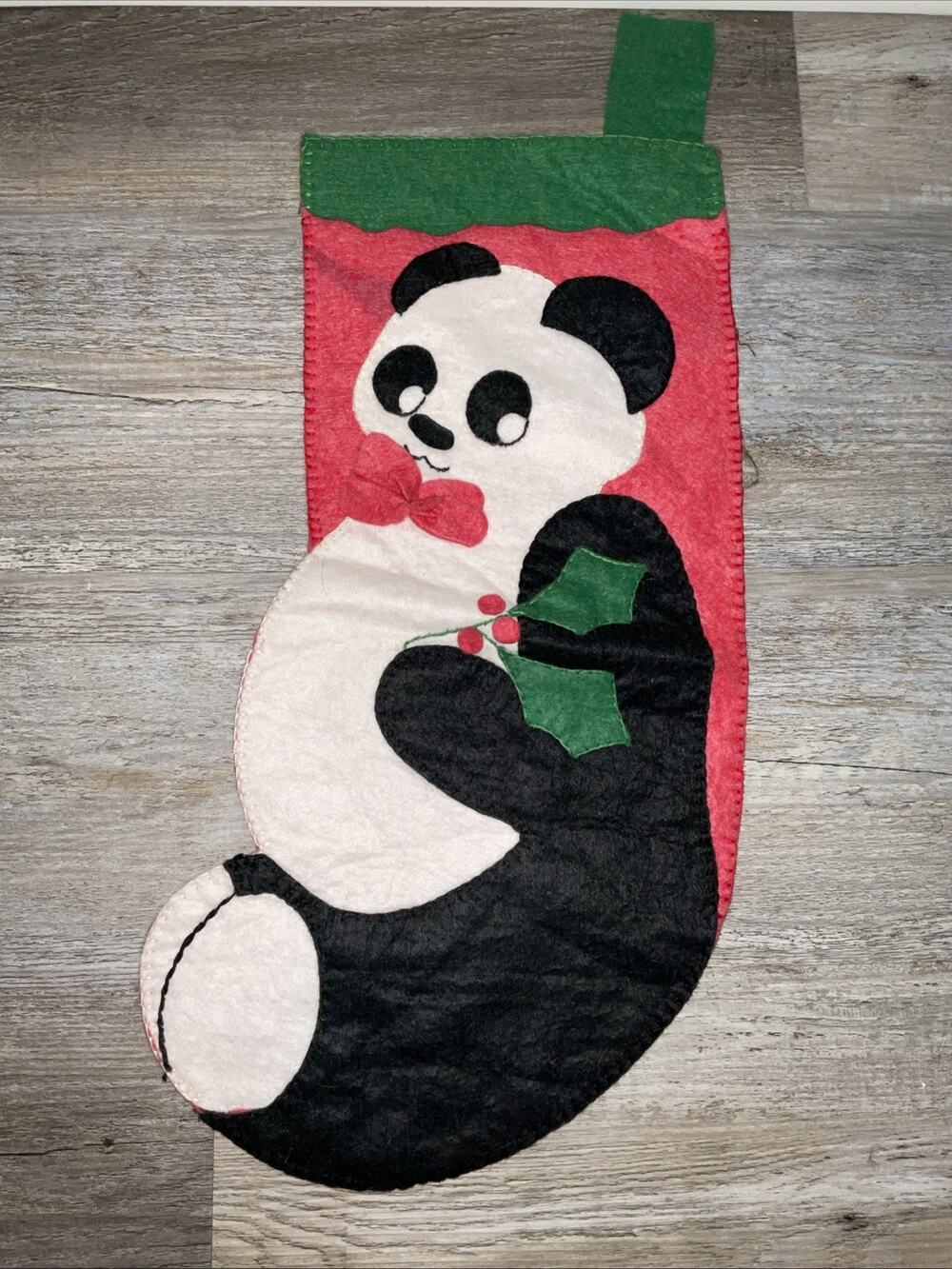 VINTAGE HANDMADE PANDA BEAR CHRISTMAS STOCKING 22 IN